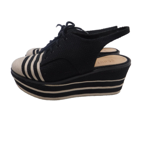 Schutz Women's Chunky Platform Shoes Black White Lace Top Sling Back Sz 7.5B Y2K - Picture 2 of 6